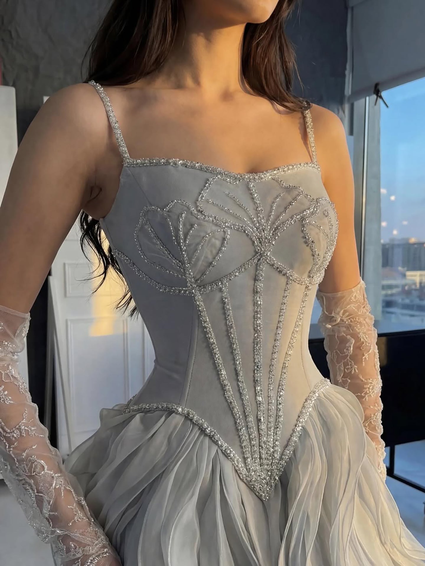 Luxury Gray Beaded Mermaid Corset Tulle Evening Dress With Gloves LA73368A
