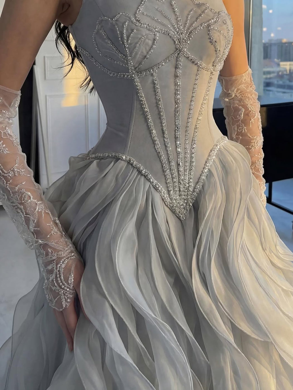 Luxury Gray Beaded Mermaid Corset Tulle Evening Dress With Gloves LA73368A