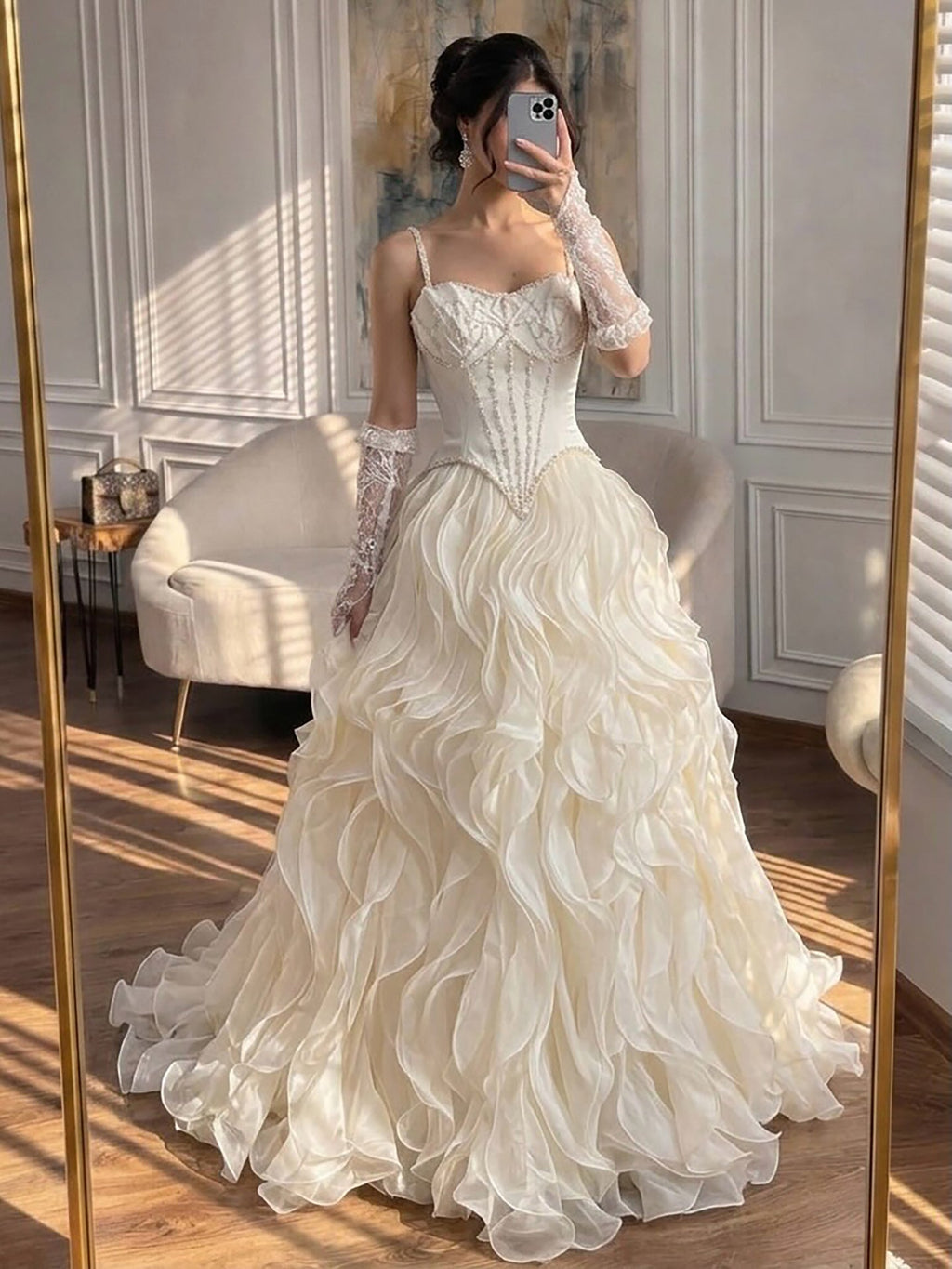 Luxury Gray Beaded Mermaid Corset Tulle Evening Dress With Gloves LA73368A