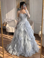Luxury Gray Beaded Mermaid Corset Tulle Evening Dress With Gloves LA73368A