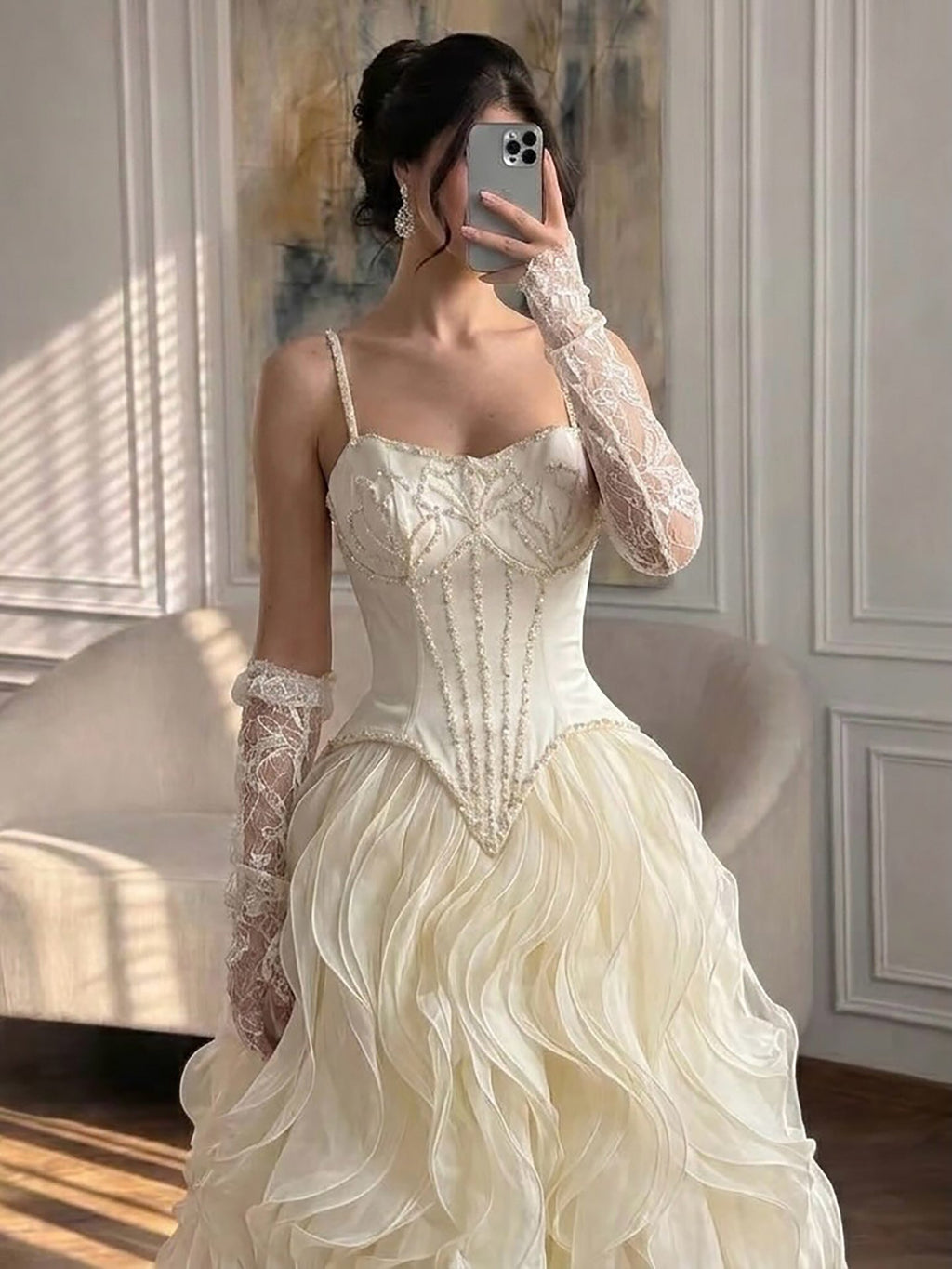 Luxury Gray Beaded Mermaid Corset Tulle Evening Dress With Gloves LA73368A