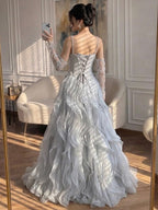Luxury Gray Beaded Mermaid Corset Tulle Evening Dress With Gloves LA73368A
