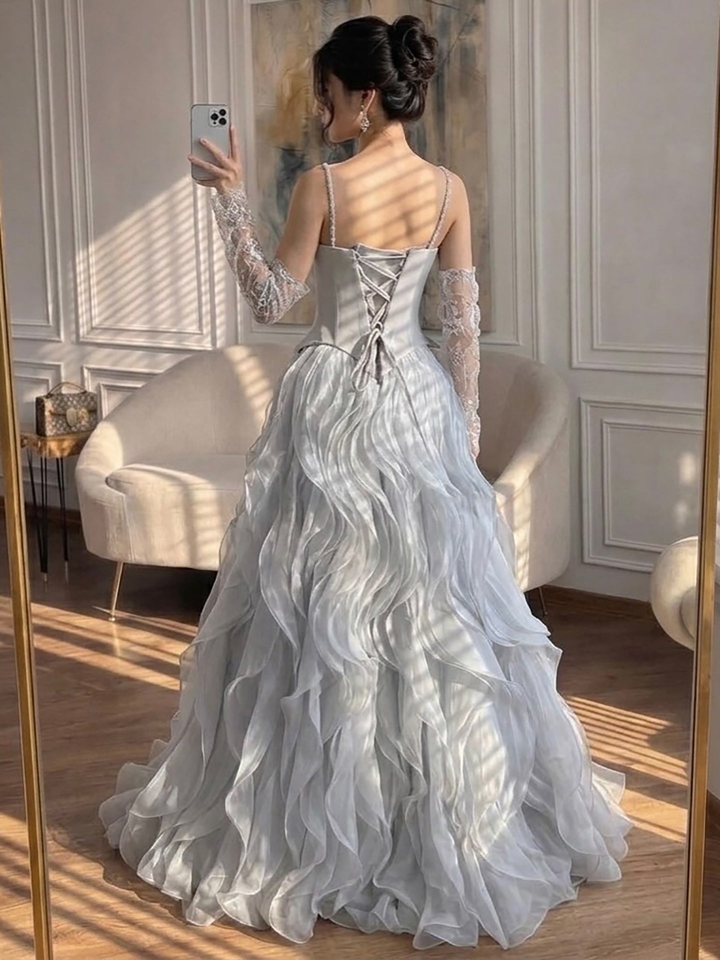 Luxury Gray Beaded Mermaid Corset Tulle Evening Dress With Gloves LA73368A