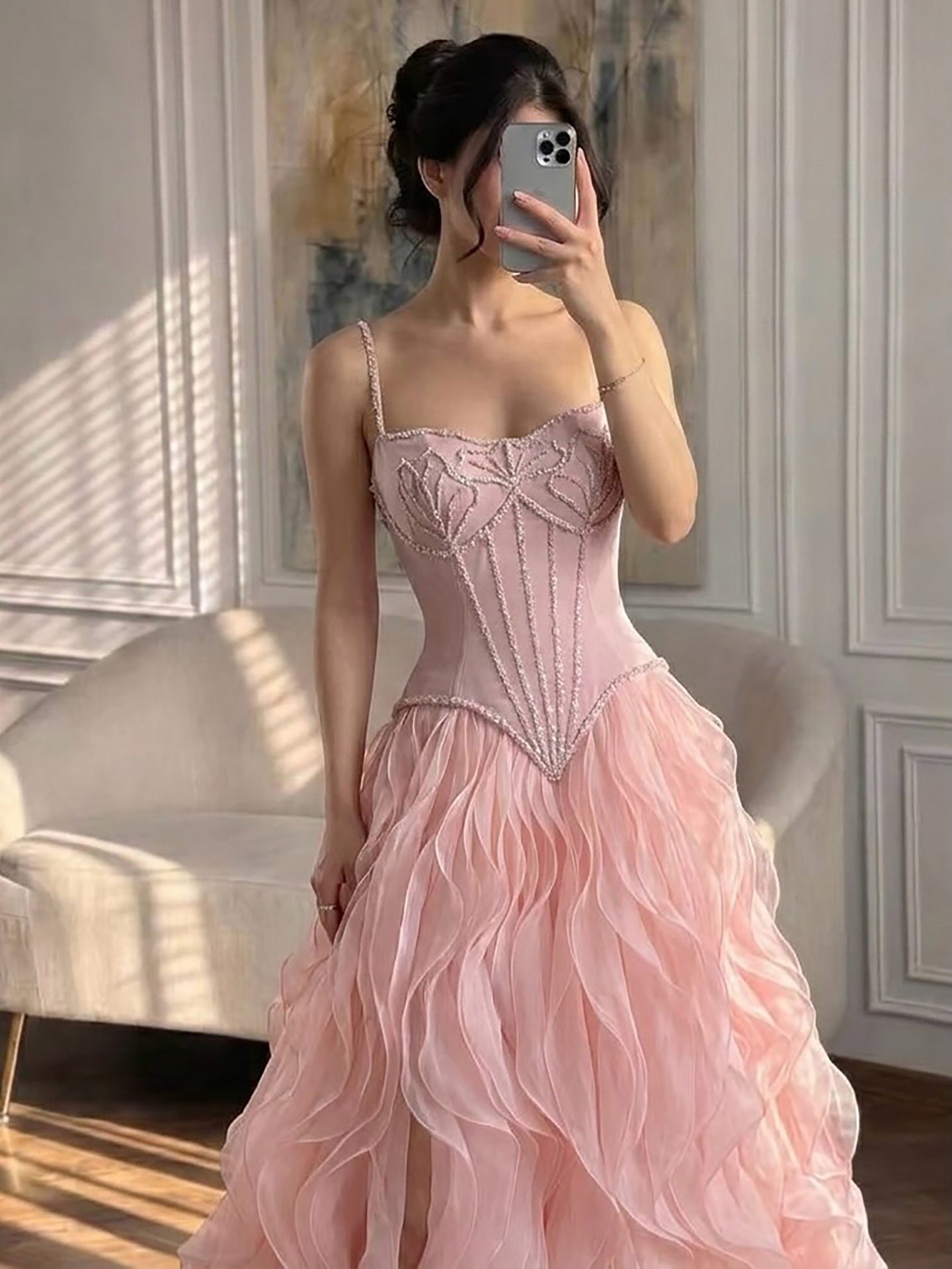 Luxury Gray Beaded Mermaid Corset Tulle Evening Dress With Gloves LA73368A