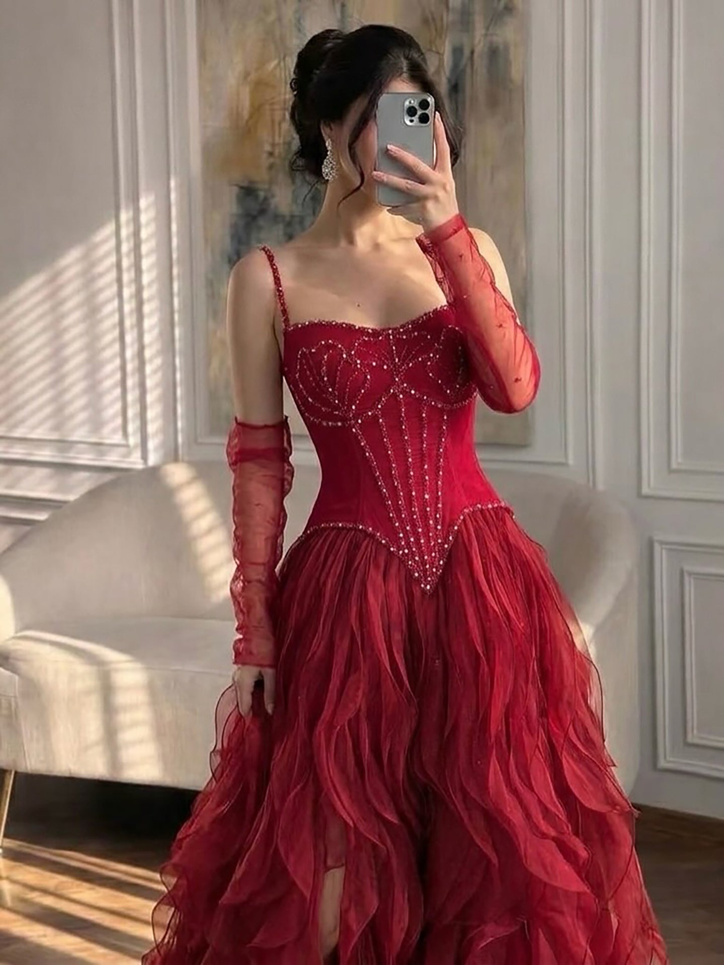 Luxury Gray Beaded Mermaid Corset Tulle Evening Dress With Gloves LA73368A