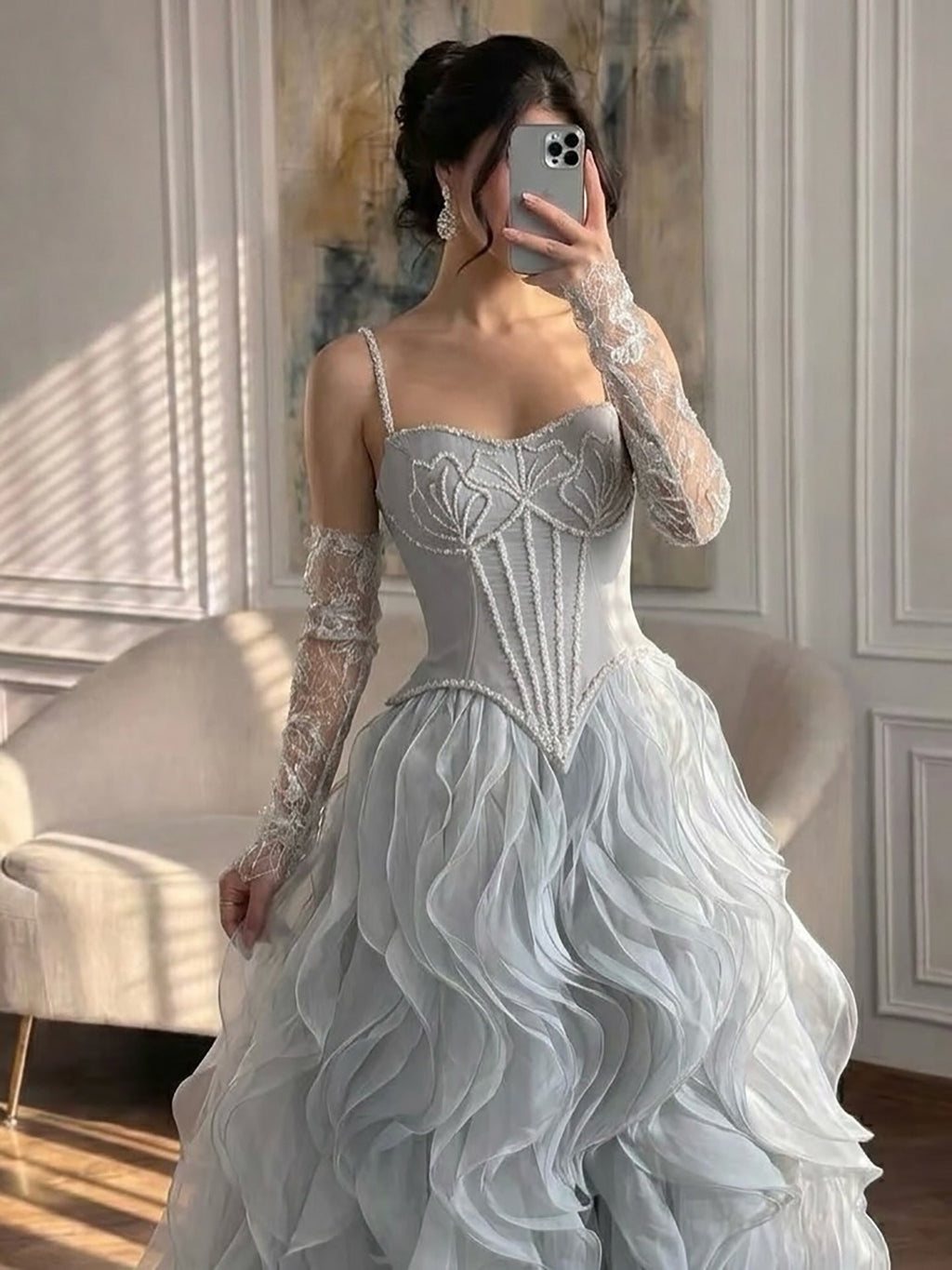 Luxury Gray Beaded Mermaid Corset Tulle Evening Dress With Gloves LA73368A