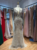 Luxury Silver Nude One Shoulder Pearls Beaded Gowns LA73371