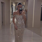 Luxury Nude Pearl Beaded Mermaid Off Shoulder Evening Dress LA73395A