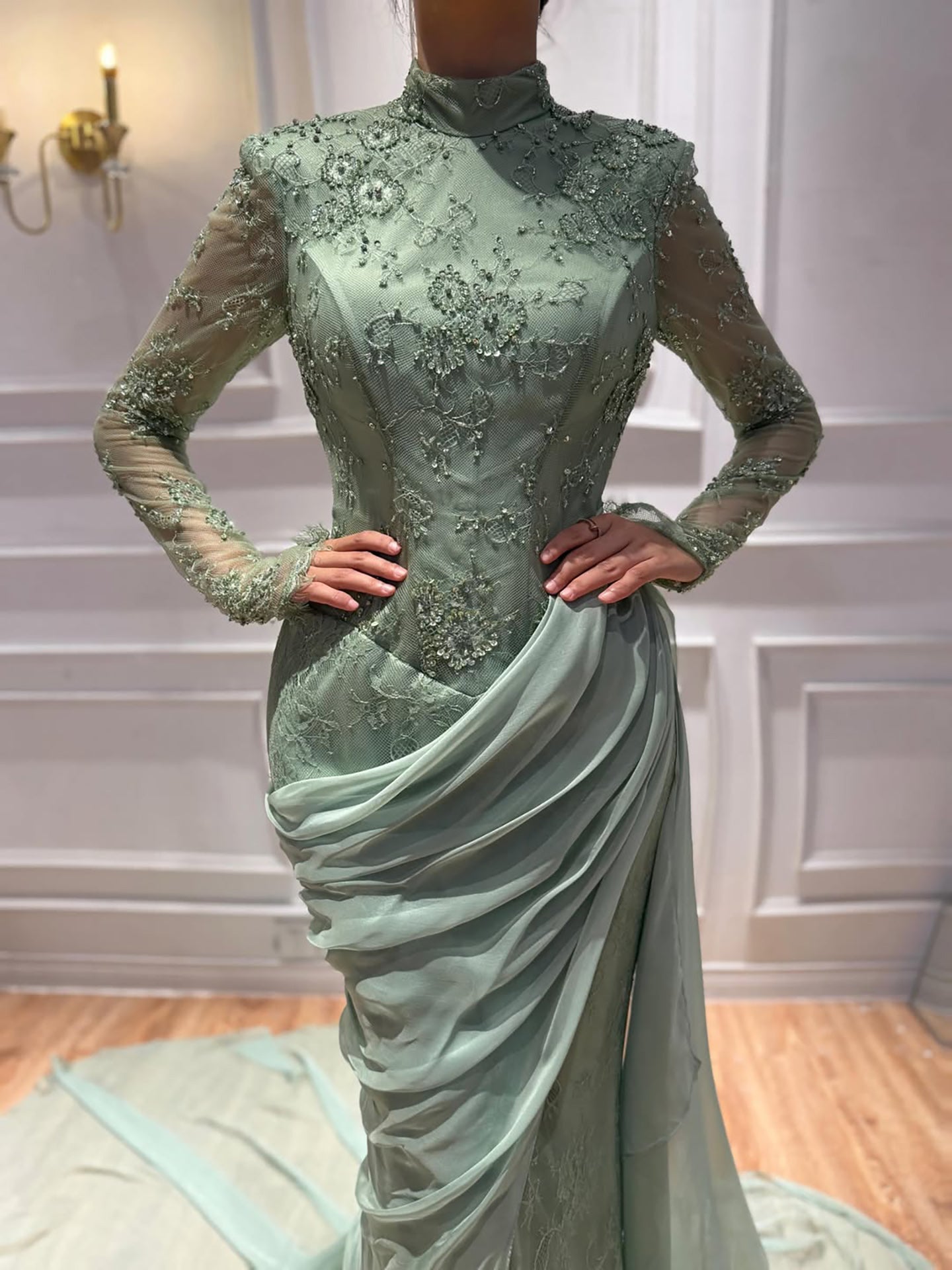 Luxury Lilac High Neck Beaded Mermaid Evening Dress LA73407
