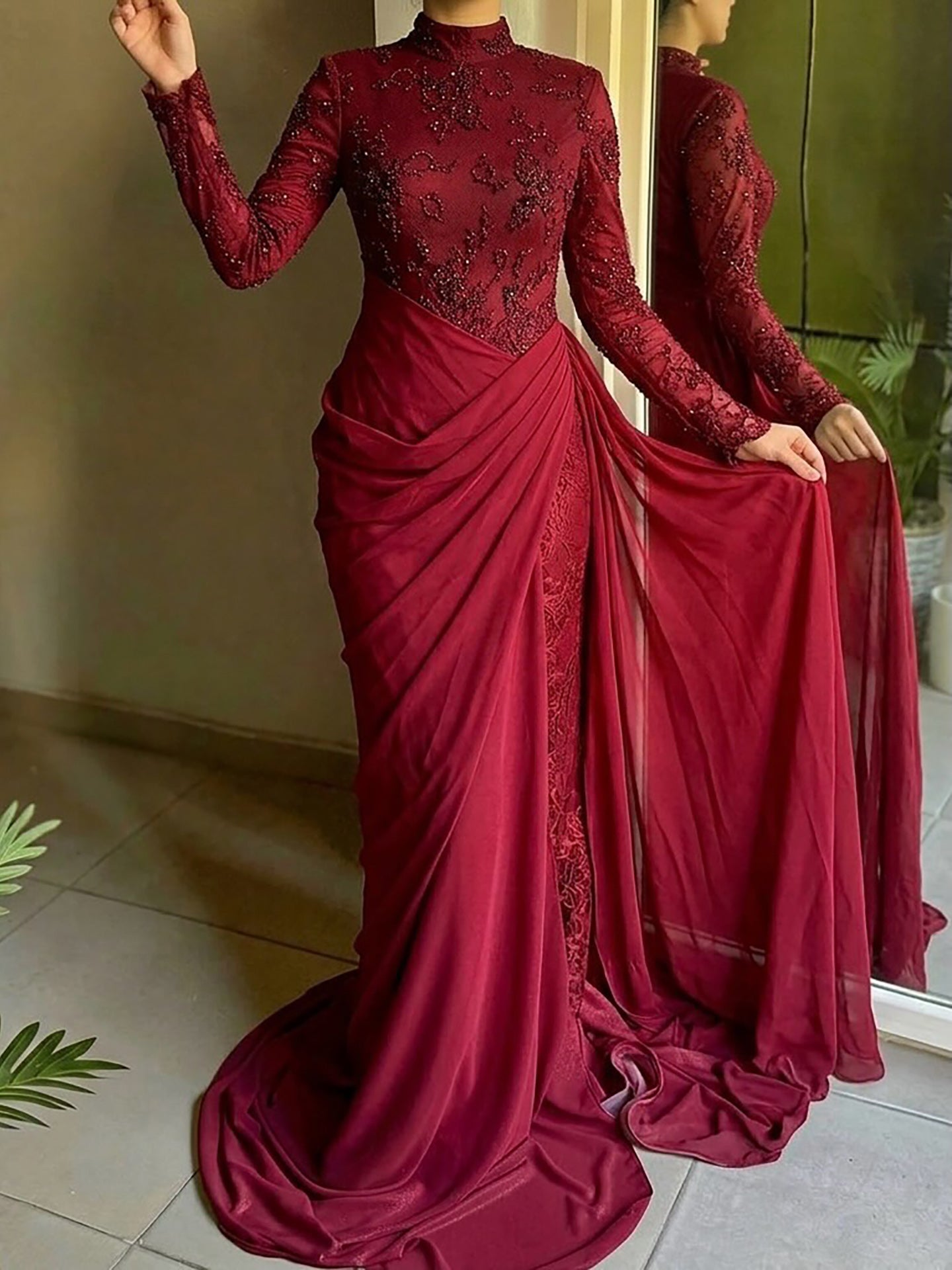 Luxury Lilac High Neck Beaded Mermaid Evening Dress LA73407