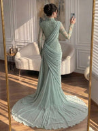 Luxury Lilac High Neck Beaded Mermaid Evening Dress LA73407