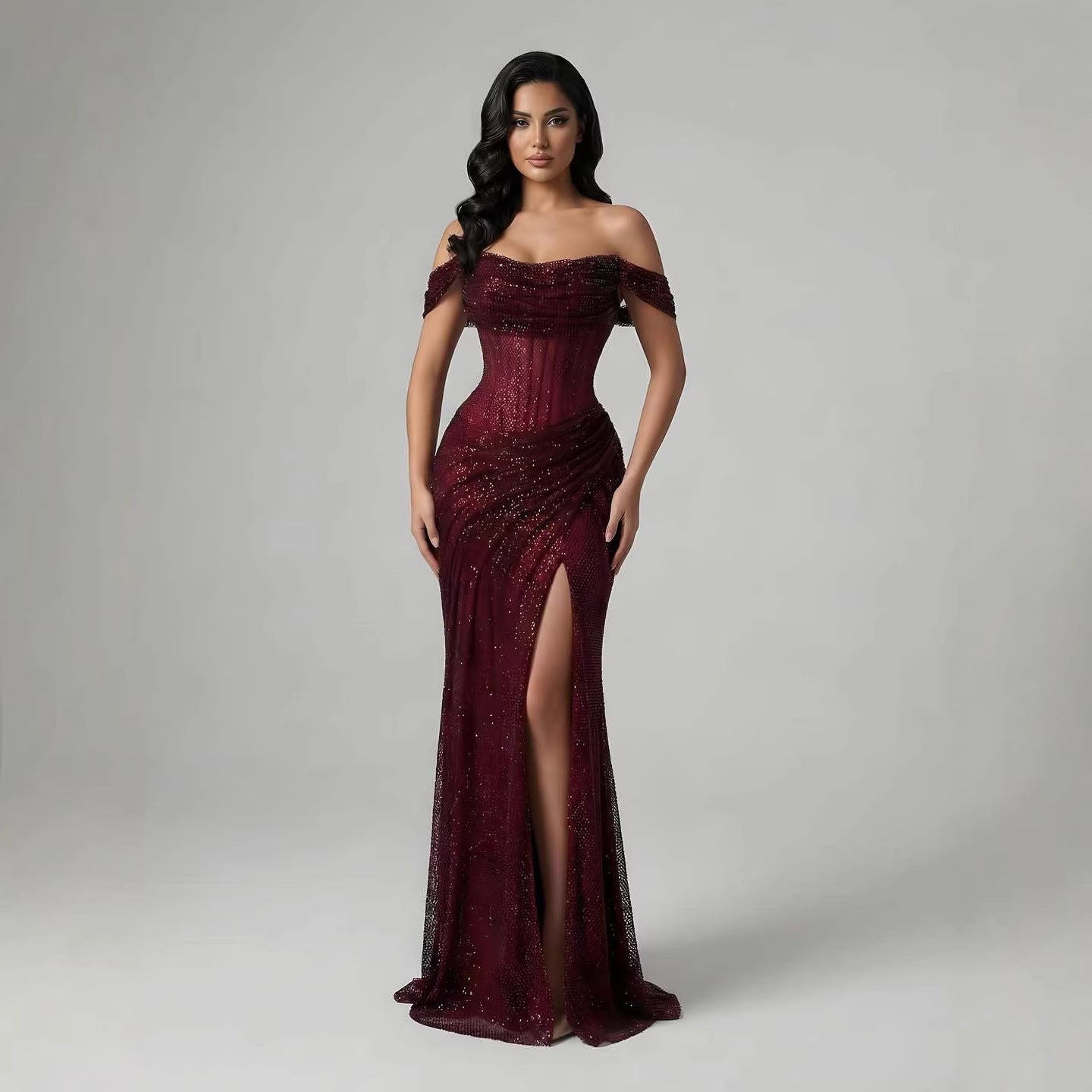 Luxury Silver Corset Off Shoulder Mermaid Evening Dress Stretch LA73410