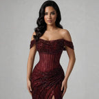 Luxury Silver Corset Off Shoulder Mermaid Evening Dress Stretch LA73410