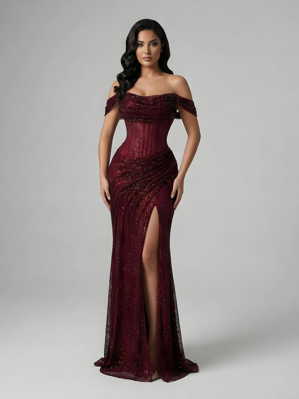 Luxury Silver Corset Off Shoulder Mermaid Evening Dress Stretch LA73410