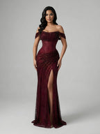 Luxury Silver Corset Off Shoulder Mermaid Evening Dress Stretch LA73410