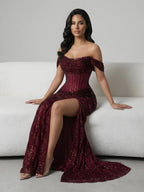 Luxury Silver Corset Off Shoulder Mermaid Evening Dress Stretch LA73410