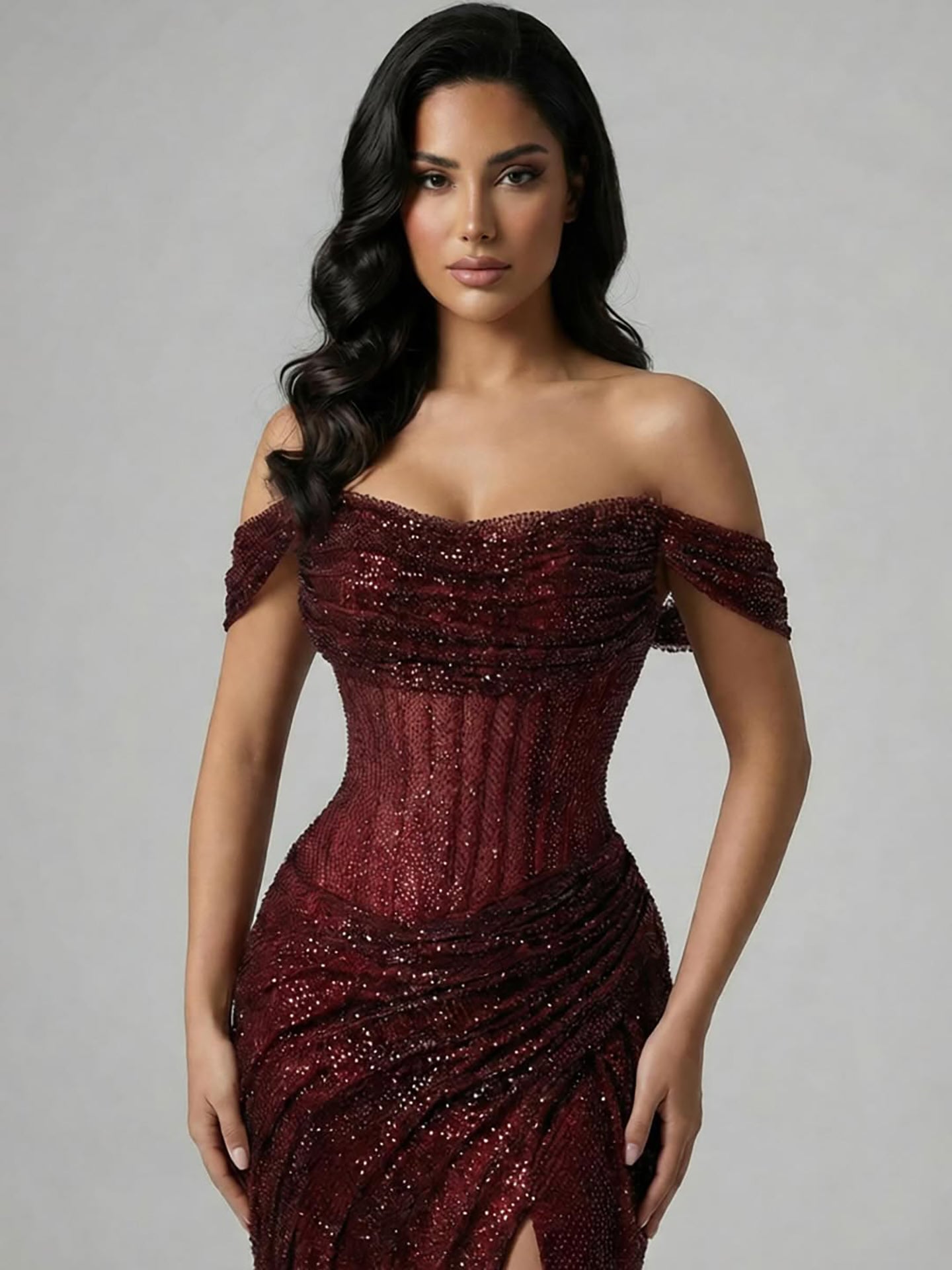 Luxury Silver Corset Off Shoulder Mermaid Evening Dress Stretch LA73410