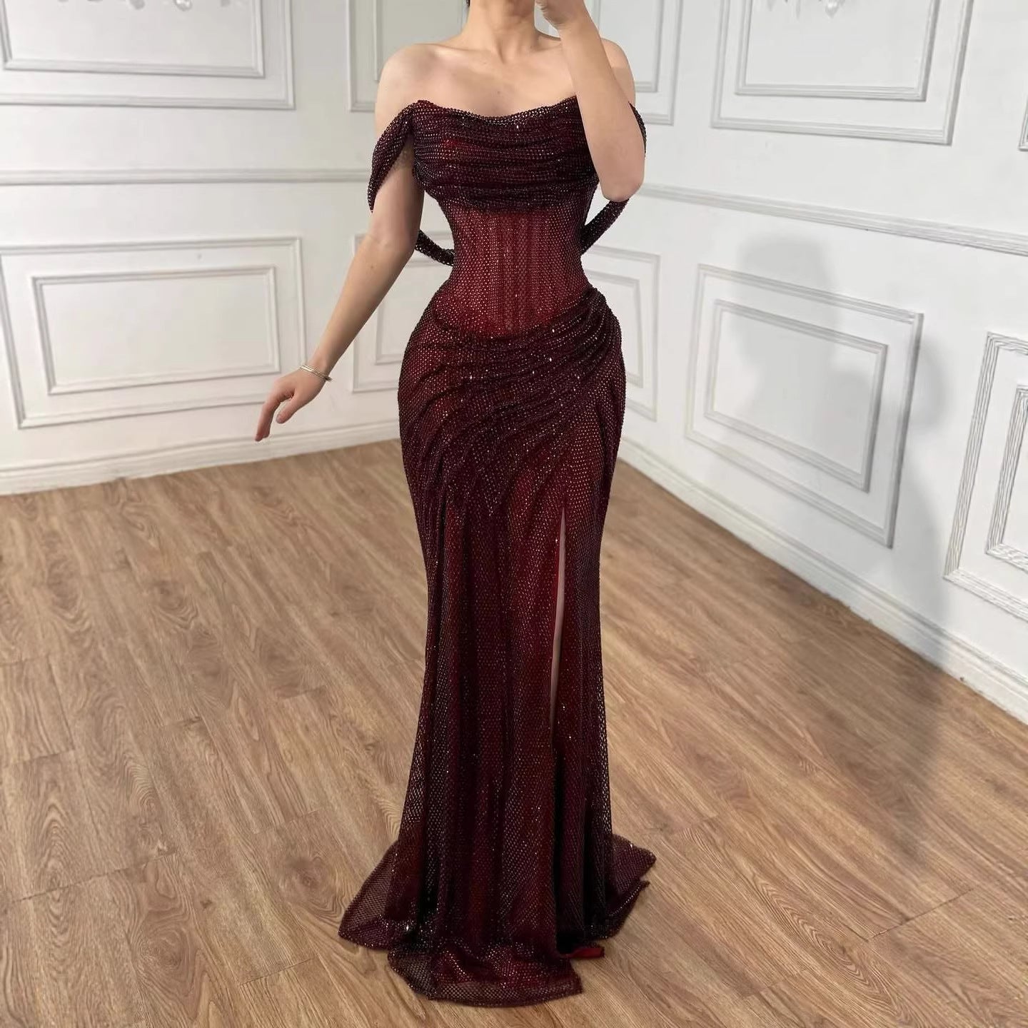 Luxury Silver Corset Off Shoulder Mermaid Evening Dress Stretch LA73410