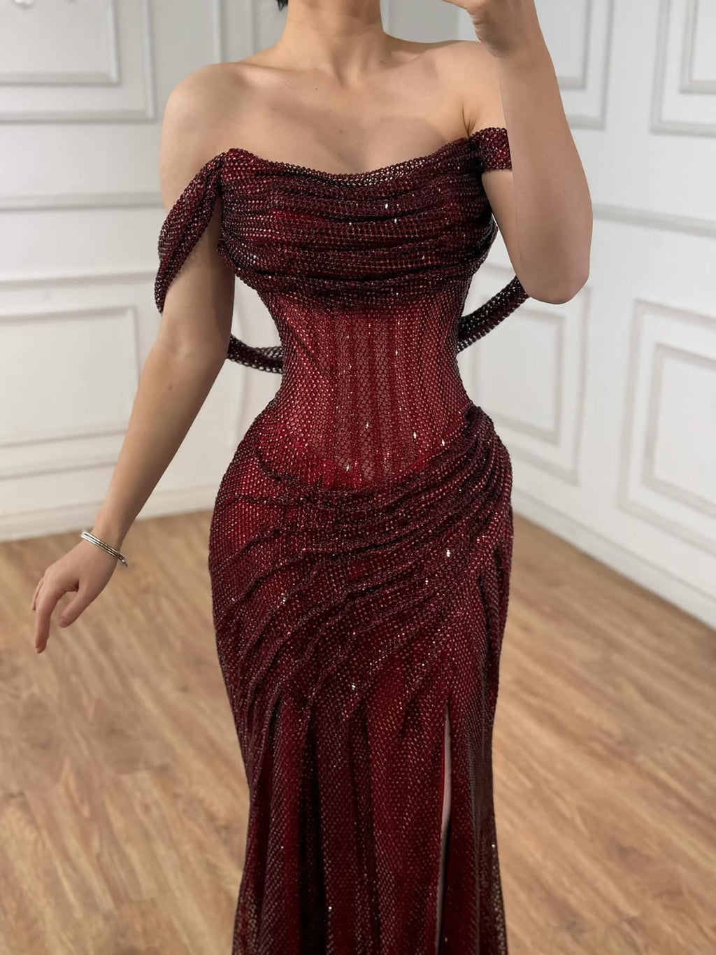 Luxury Silver Corset Off Shoulder Mermaid Evening Dress Stretch LA73410