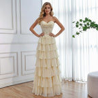 pale yellow tiered prom dress front
