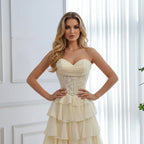 Luxury Yellow Pearl Lace Strapless Beaded Corset A-Line Evening Dress LA73434