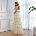 pale yellow tiered prom dress back