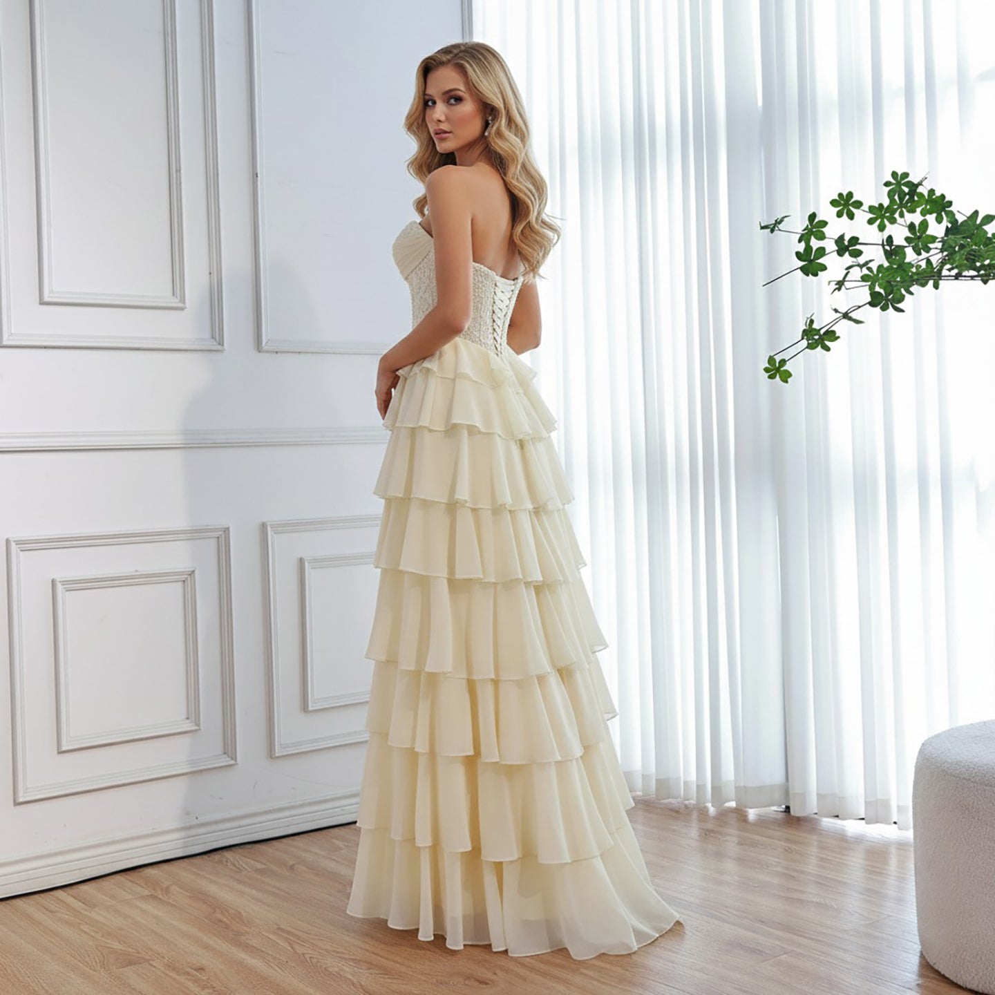 pale yellow tiered prom dress back