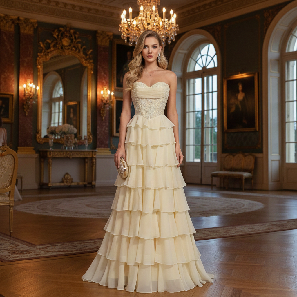 pale yellow tiered prom dress