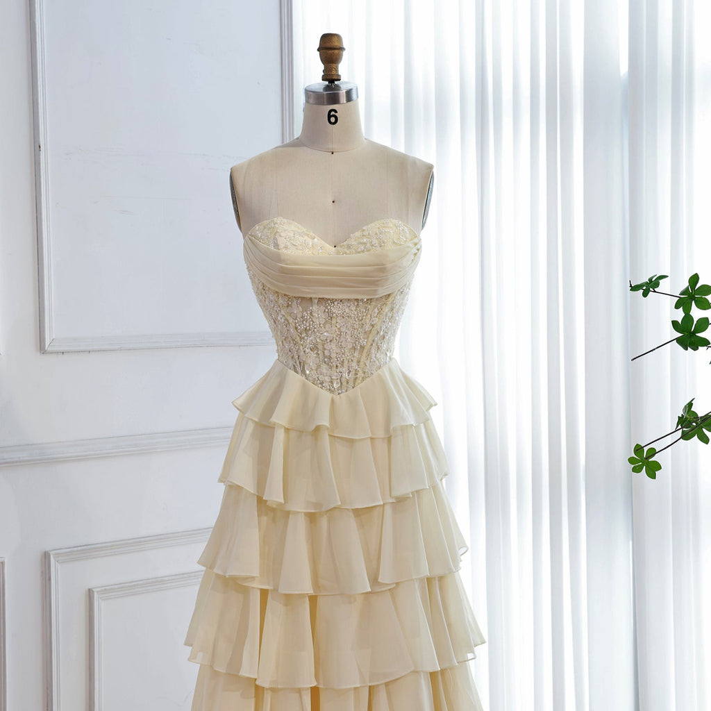 Luxury Yellow Pearl Lace Strapless Beaded Corset A-Line Evening Dress LA73434