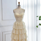 Luxury Yellow Pearl Lace Strapless Beaded Corset A-Line Evening Dress LA73434