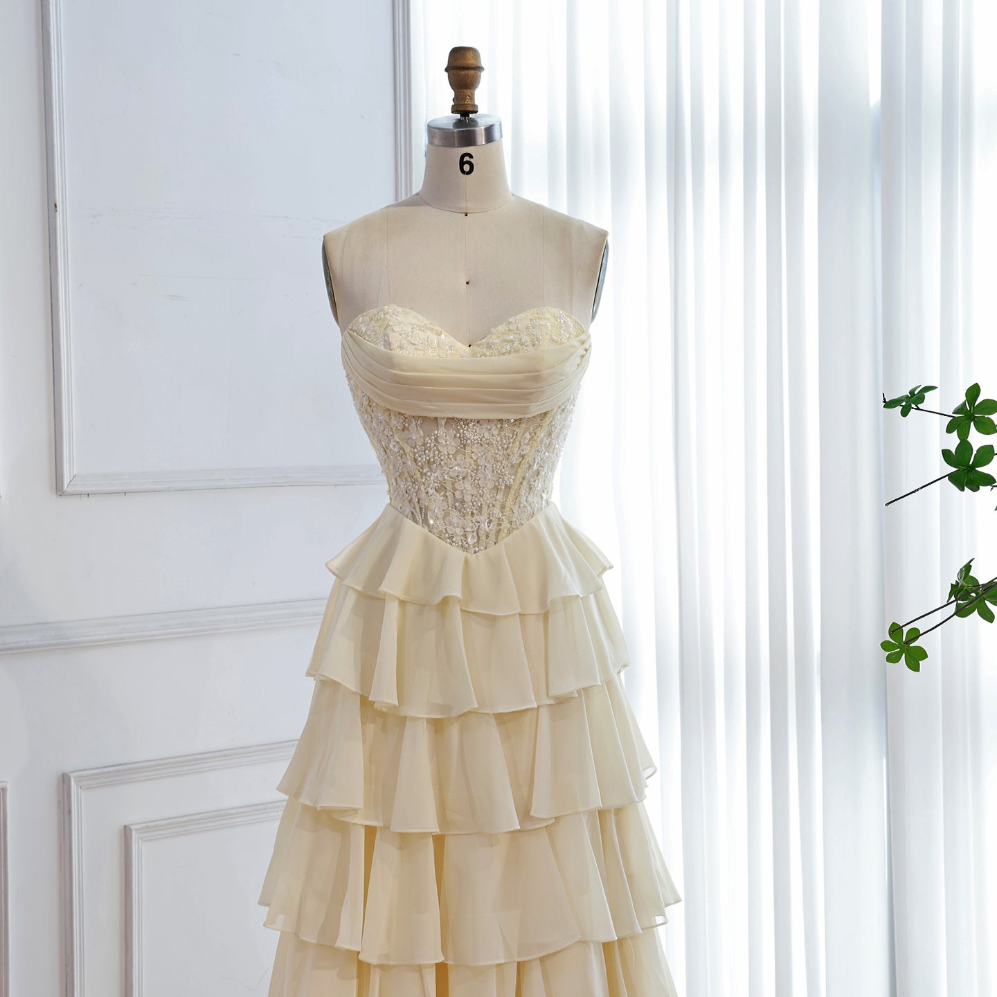 Luxury Yellow Pearl Lace Strapless Beaded Corset A-Line Evening Dress LA73434