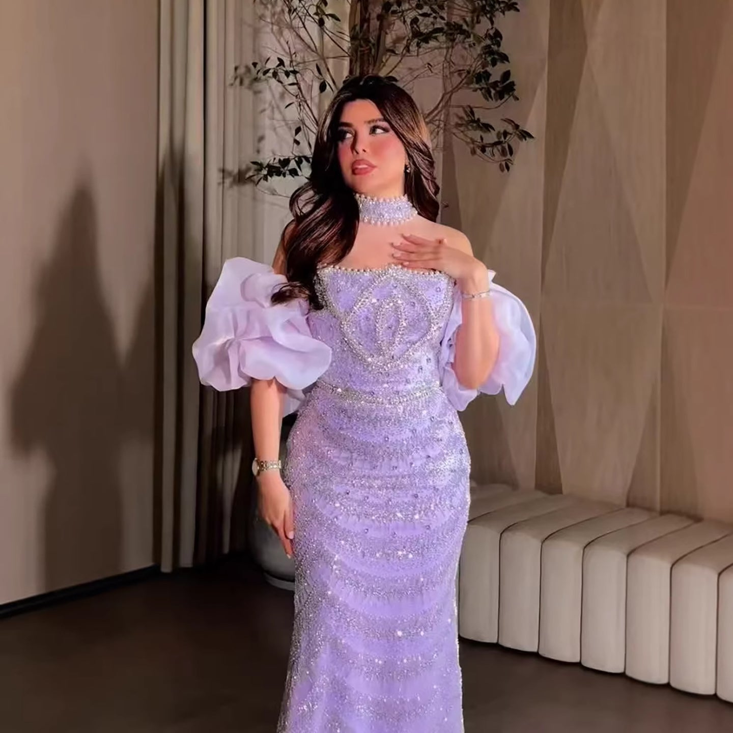 Luxury Arabic Lilac Mermaid Beaded Evening Dress LA73450