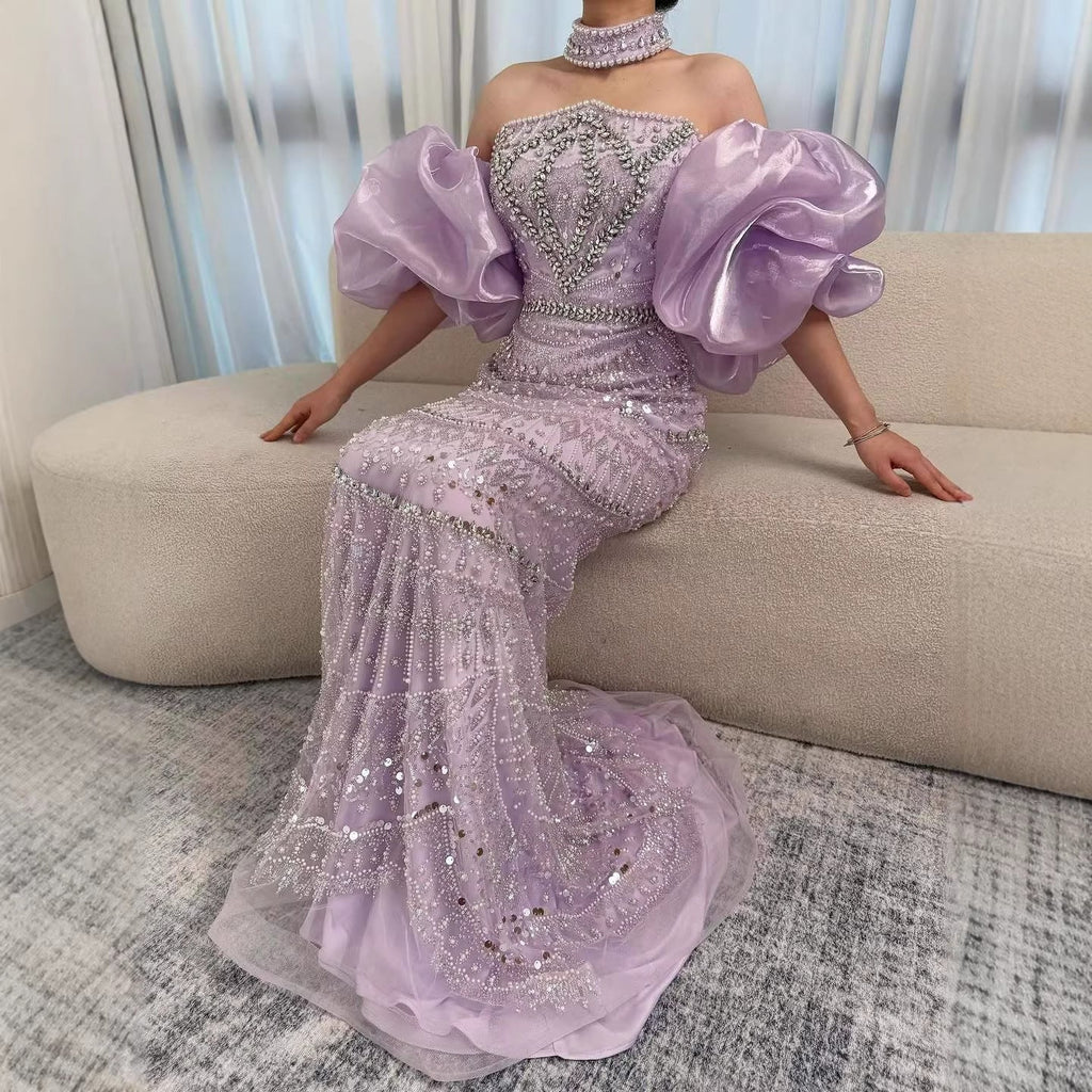 Luxury Arabic Lilac Mermaid Beaded Evening Dress LA73450