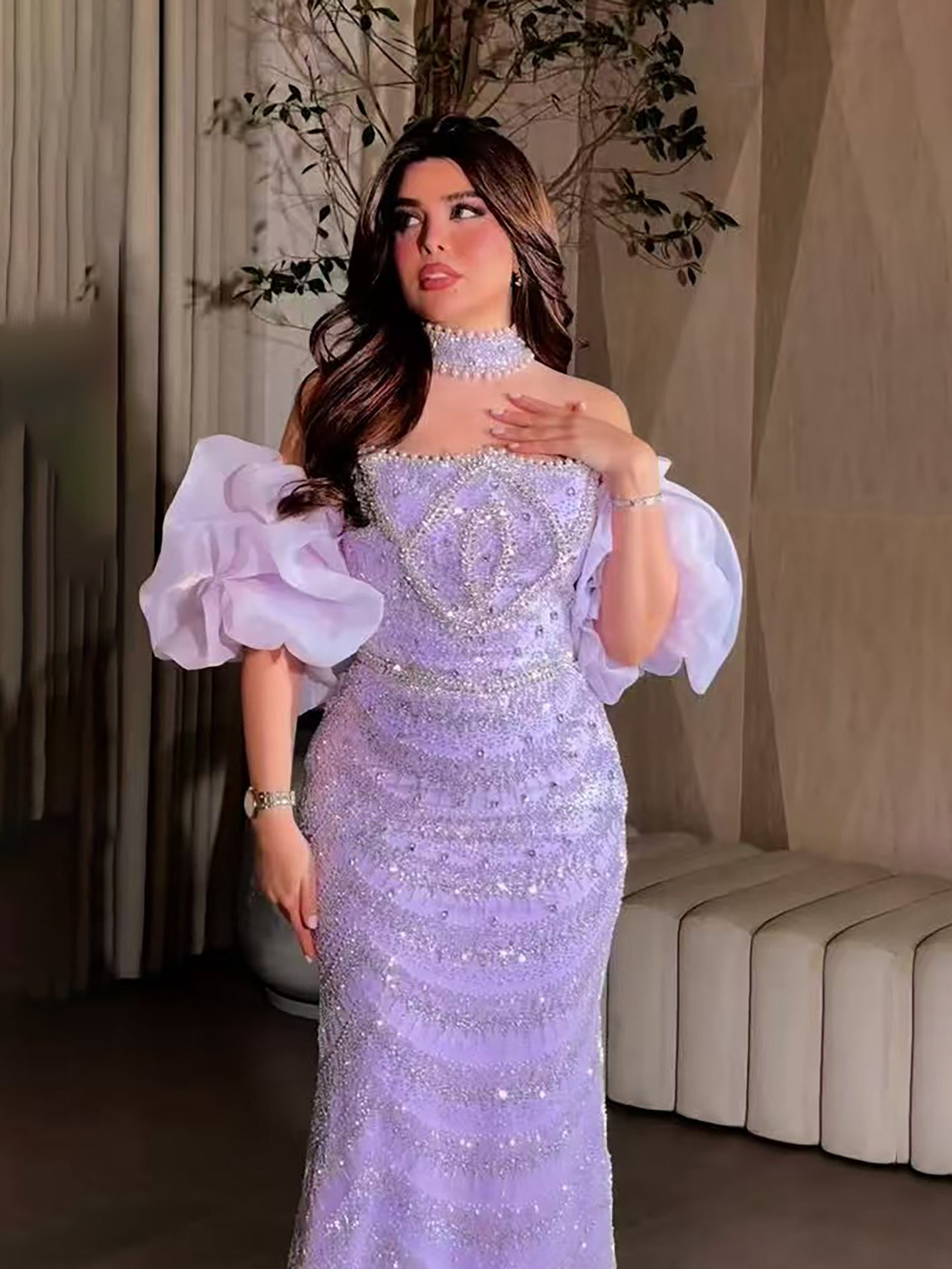 Luxury Arabic Lilac Mermaid Beaded Evening Dress LA73450
