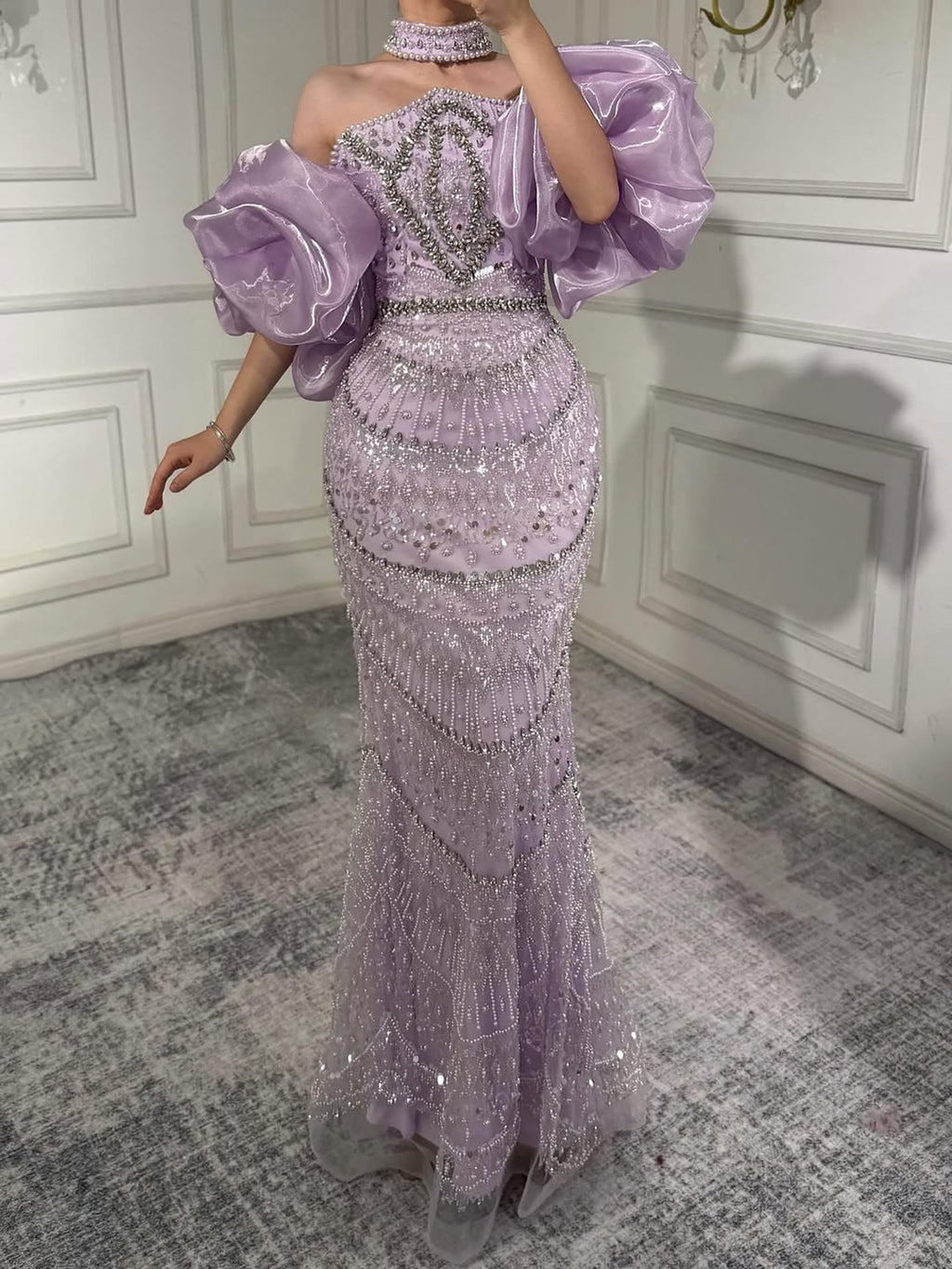 Luxury Arabic Lilac Mermaid Beaded Evening Dress LA73450