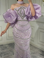 Luxury Arabic Lilac Mermaid Beaded Evening Dress LA73450