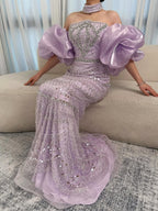 Luxury Arabic Lilac Mermaid Beaded Evening Dress LA73450