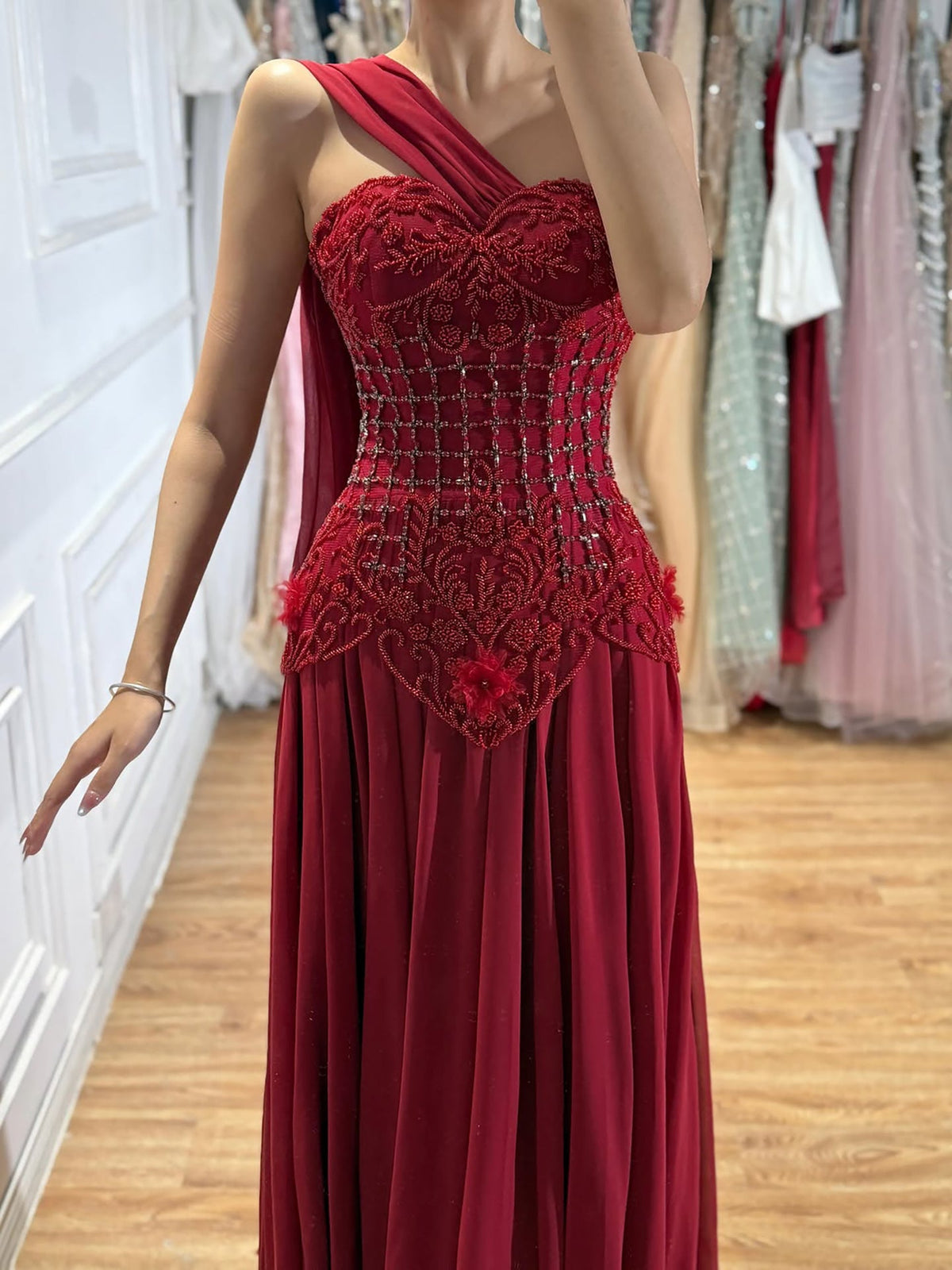 Luxury Pink Arabic Floral chiffon Evening Dress With Cape LA73451