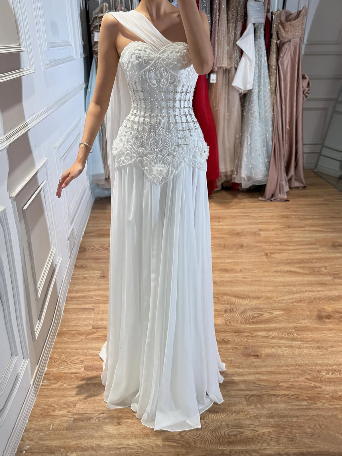 Luxury Pink Arabic Floral chiffon Evening Dress With Cape LA73451