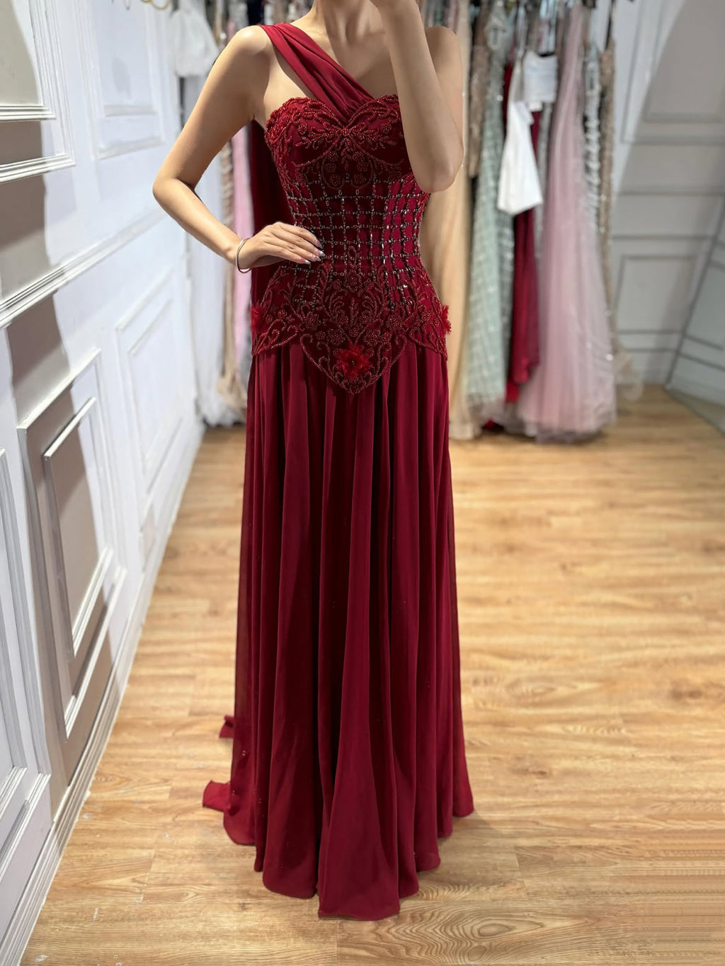 Luxury Pink Arabic Floral chiffon Evening Dress With Cape LA73451