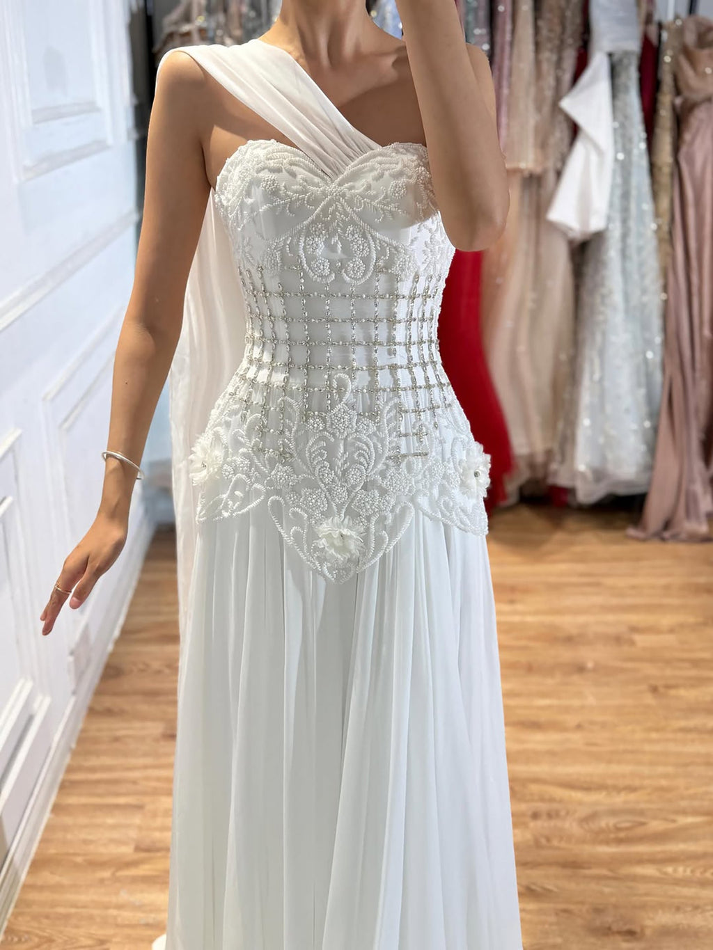 Luxury Pink Arabic Floral chiffon Evening Dress With Cape LA73451