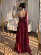 Luxury Pink Arabic Floral chiffon Evening Dress With Cape LA73451
