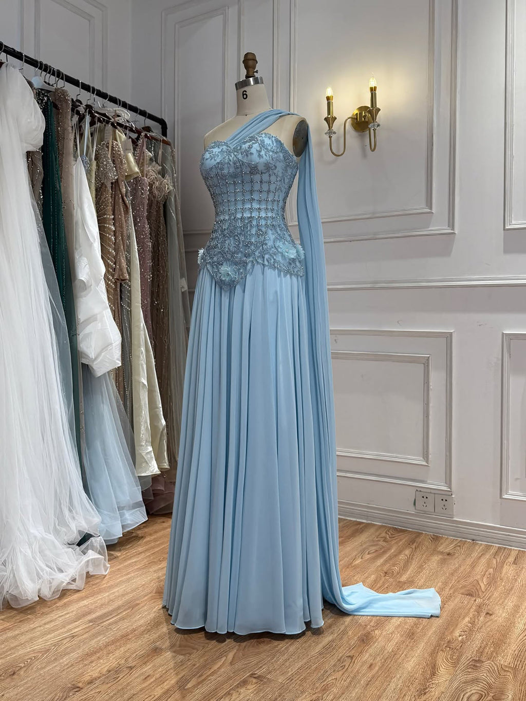 Luxury Pink Arabic Floral chiffon Evening Dress With Cape LA73451