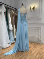 Luxury Pink Arabic Floral chiffon Evening Dress With Cape LA73451