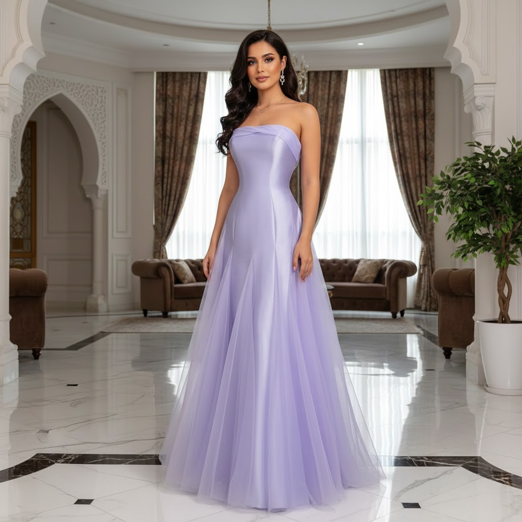 Elegant Strapless Lavender Evening Gown