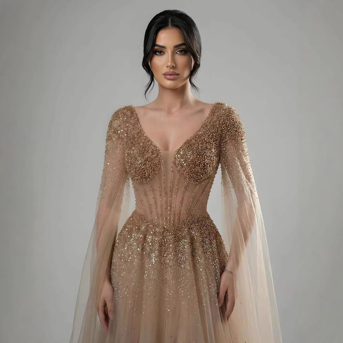 Luxury Caramel Beaded A-Line Evening Dress with Cape Sleeves LA73476