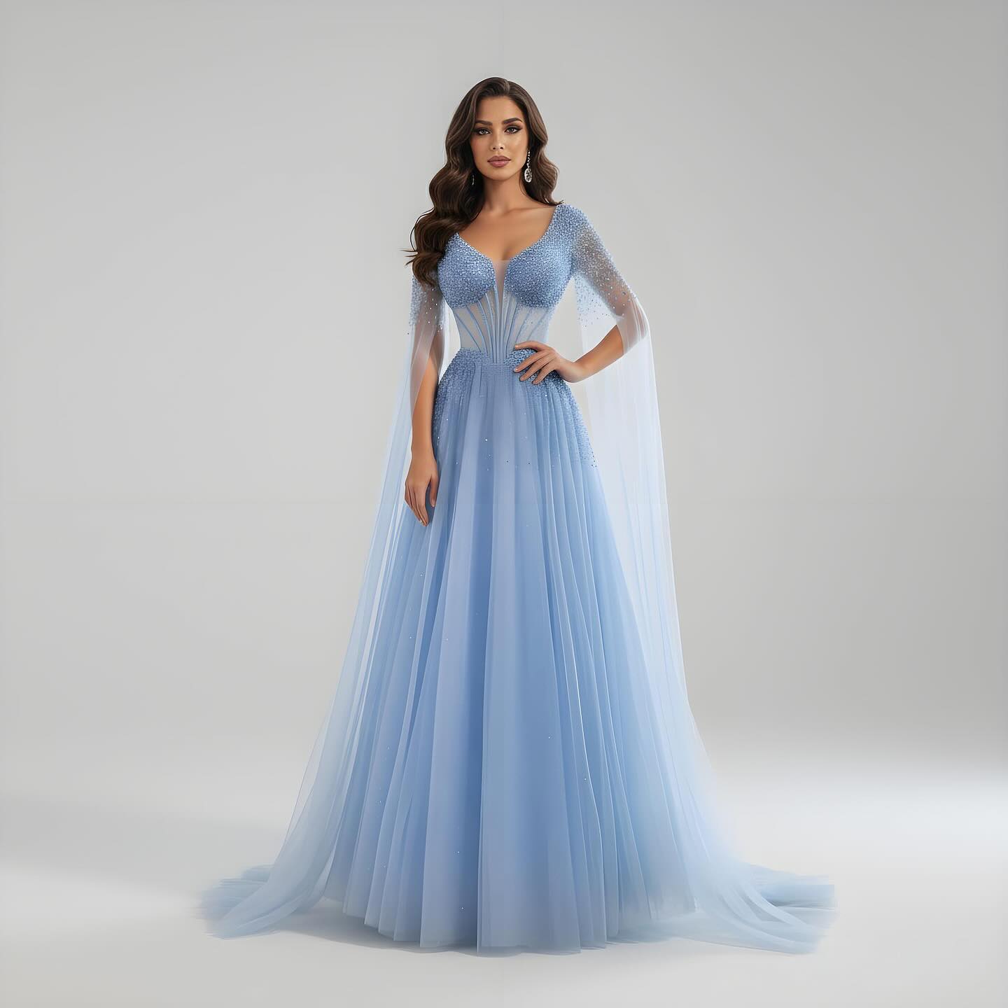 Blue Beaded A-Line Dress Front