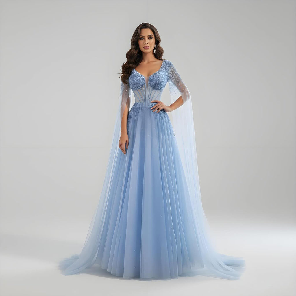 Blue Beaded A-Line Dress Front