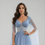 Luxury Caramel Beaded A-Line Evening Dress with Cape Sleeves LA73476