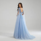 Blue Beaded A-Line Dress Back